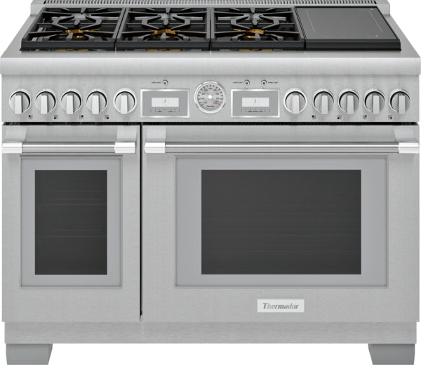 Commercial depth stainless steel dual fuel range with six burners, control knobs, and dual ovens from Ranges collection