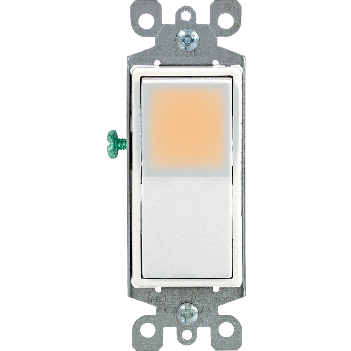 White illuminated rocker switch with metal mounting frame for electrical and home improvement use