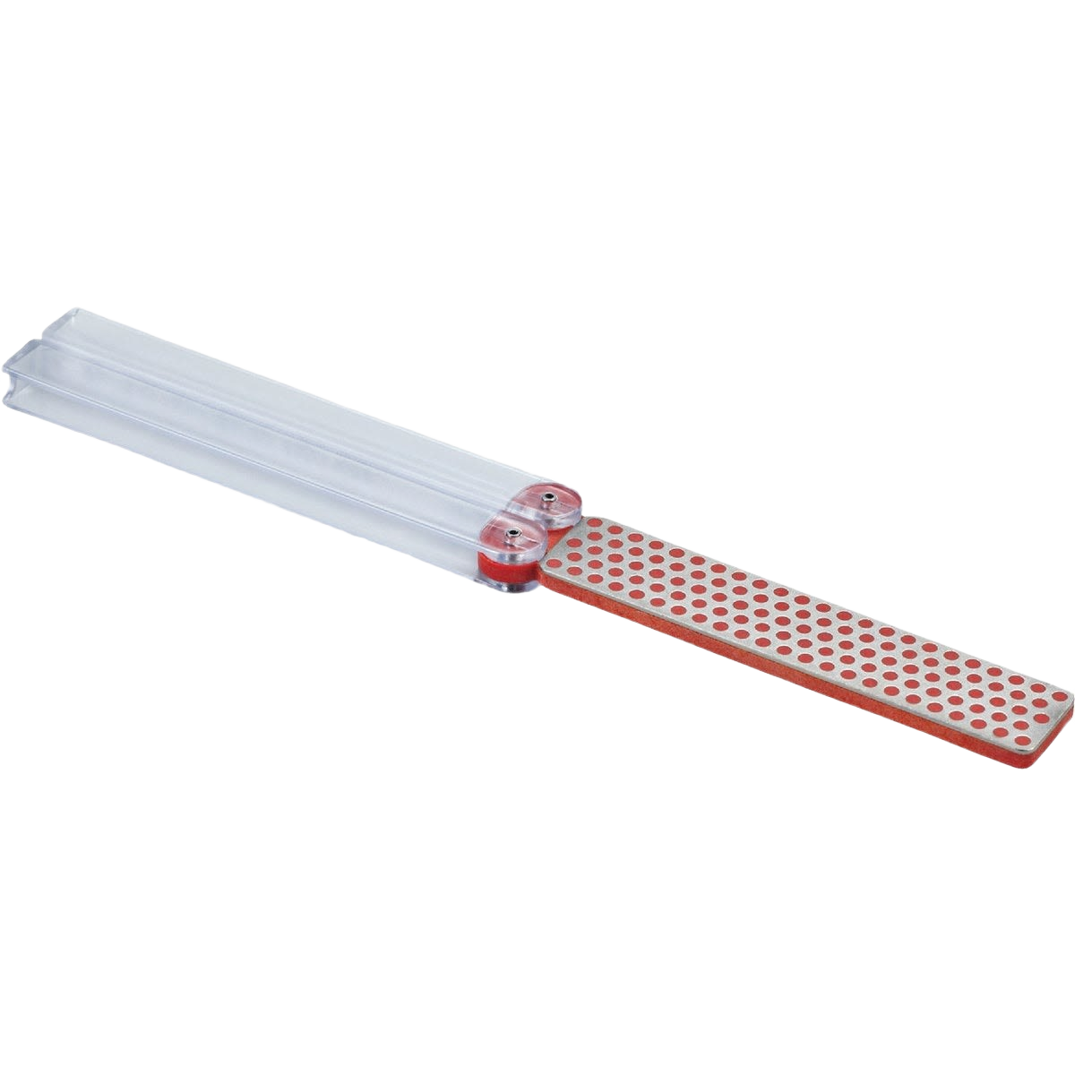 Fine diamond sharpening stone with red textured surface and clear plastic protective case for tools and home use