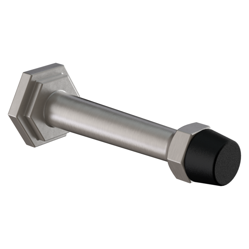 Satin nickel door stop with black rubber tip for protecting walls in home improvement and door accessory projects under $50