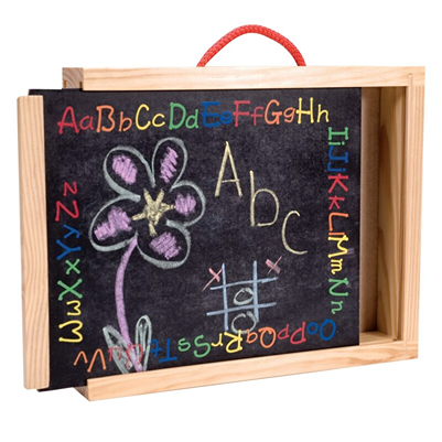 Wood-framed chalkboard briefcase with colorful chalk alphabet border, flower drawing, and tic-tac-toe game