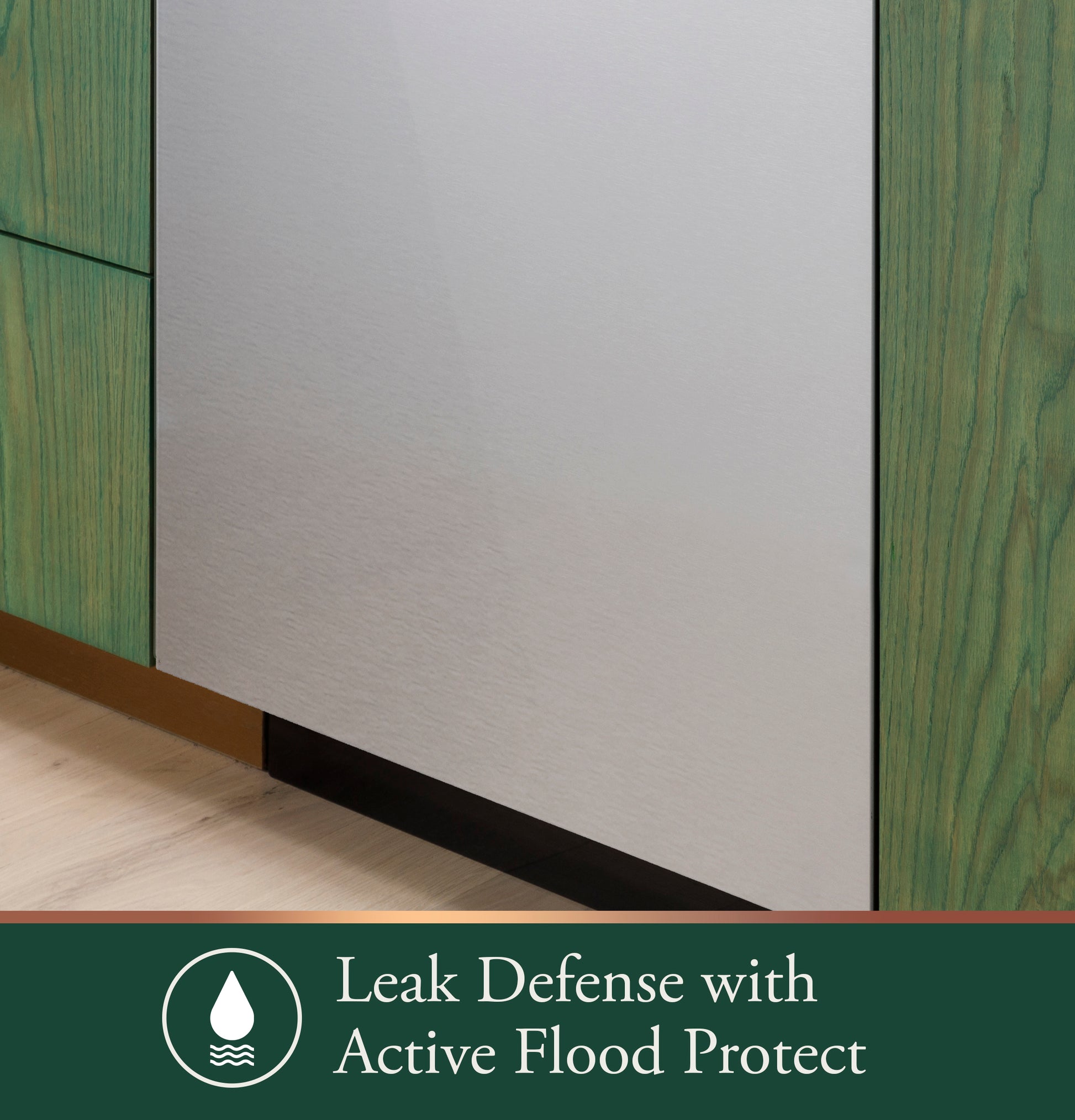 Close-up of built-in stainless steel dishwasher with leak defense feature in modern kitchen and home improvement setting