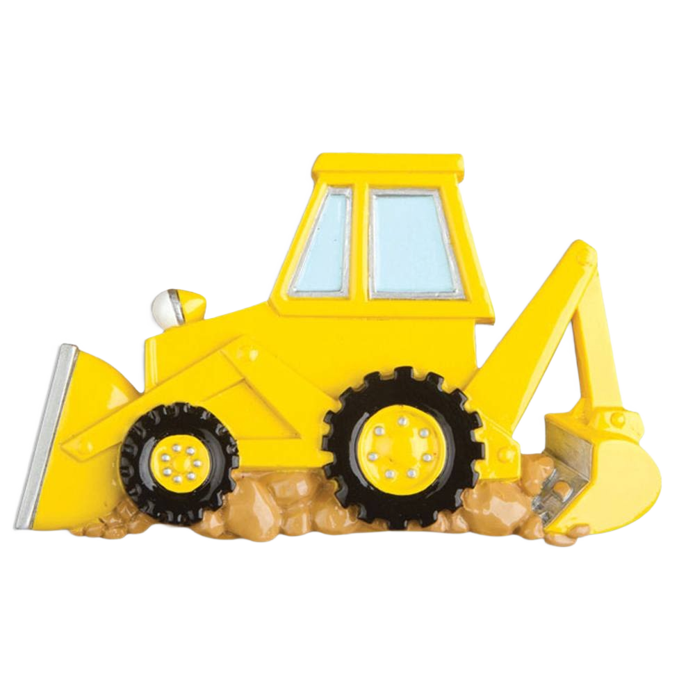 Yellow construction backhoe ornament with black wheels on rocky base for Christmas Ornaments & Tree Decorations under $50 collection