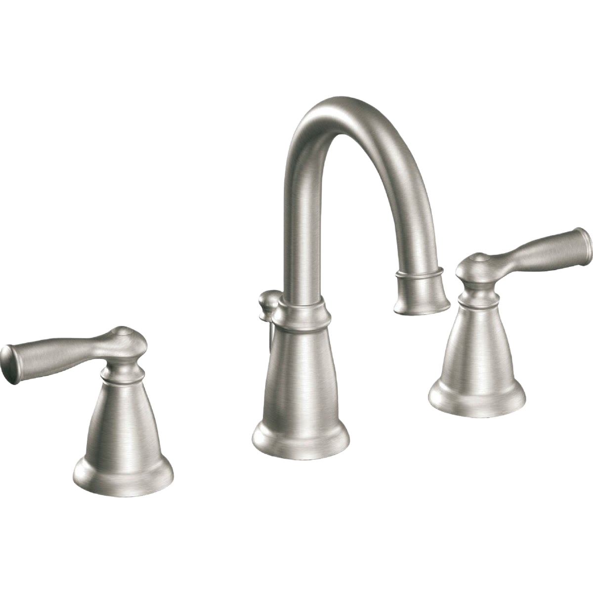 Brushed nickel two-handle high arc bathroom faucet for sleek plumbing and modern bath spaces.