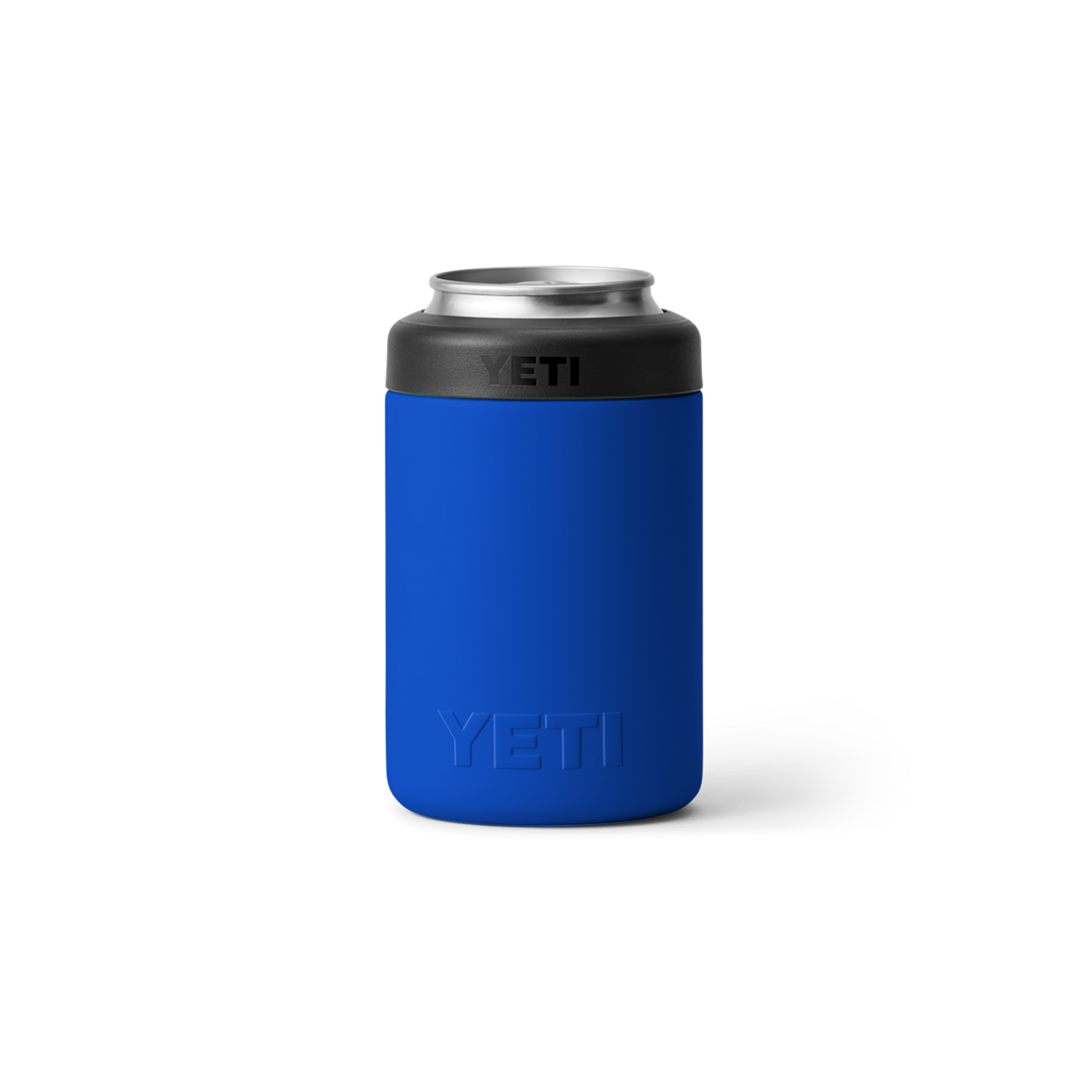 Blue 12-ounce insulated can holder with black top, designed for extended cold beverage storage in drinkware collections