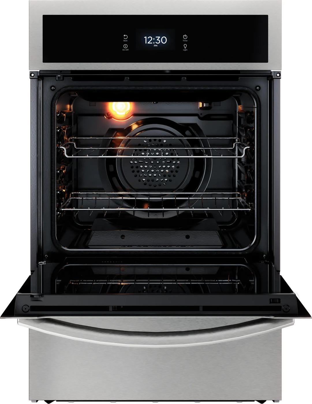 Open stainless steel single gas wall oven with digital clock and dual oven racks from Wall Ovens collection