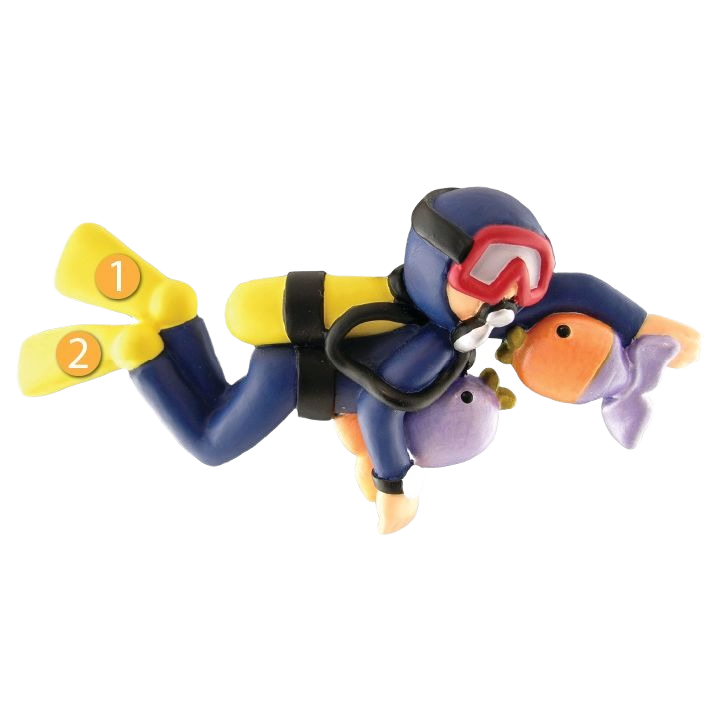 Male scuba diver ornament wearing blue wetsuit and yellow fins holding colorful fish in Christmas Ornaments & Tree Decorations collection
