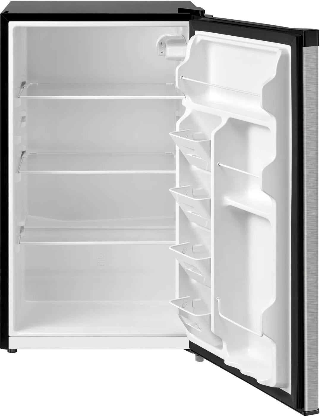 Open compact refrigerator with black exterior frame, adjustable glass shelves, and multiple door bins for versatile storage, ideal for Refrigerators, Mini Refrigerators, Kitchen & Kitchenware, All Products, and Appliances collections.