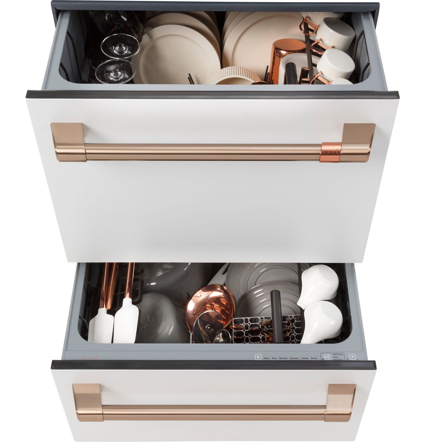 White built-in double drawer dishwasher with copper handles loaded with dishes in dishwashers and kitchenware collections