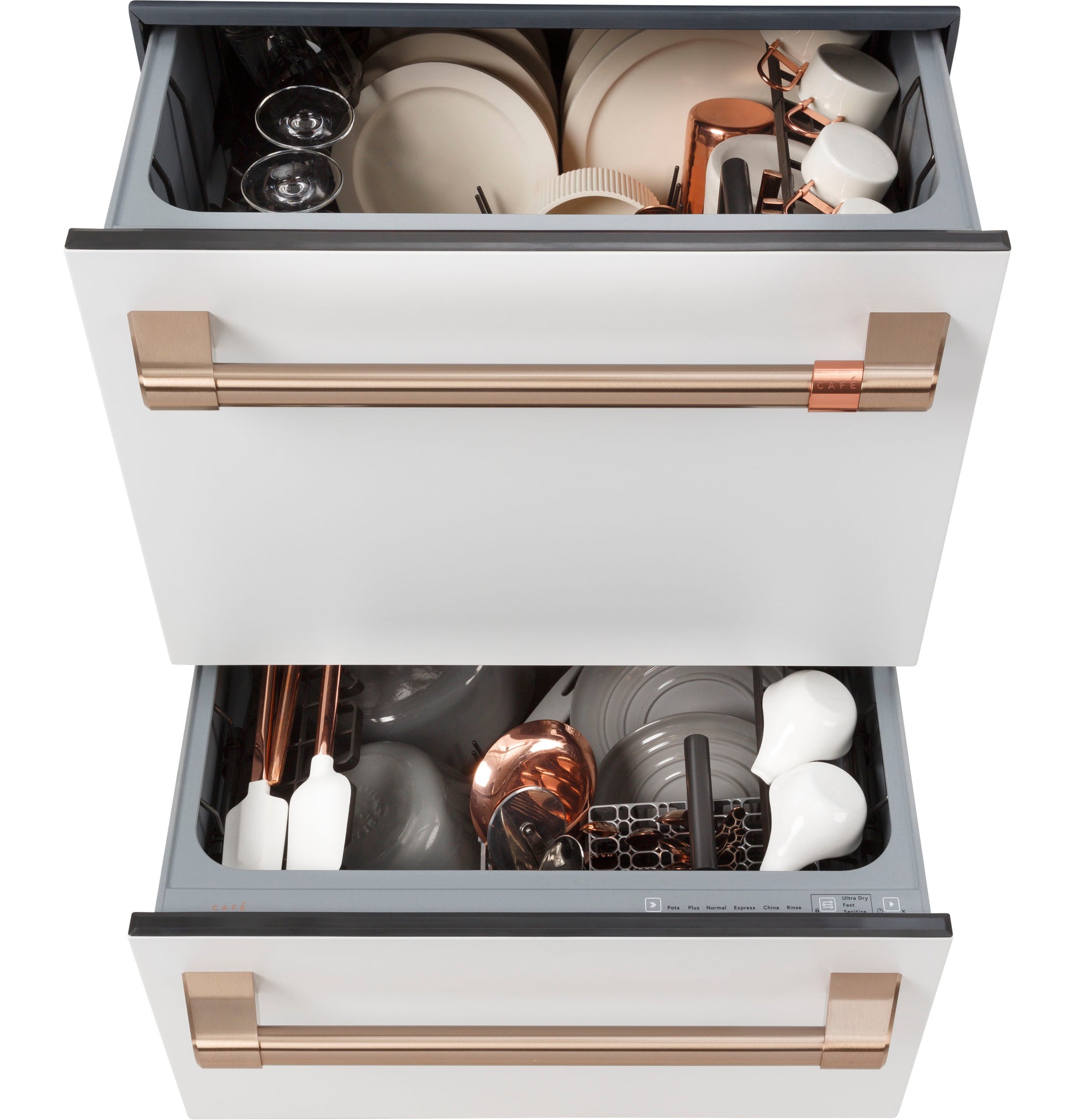 White built-in double drawer dishwasher with copper handles loaded with dishes in dishwashers and kitchenware collections