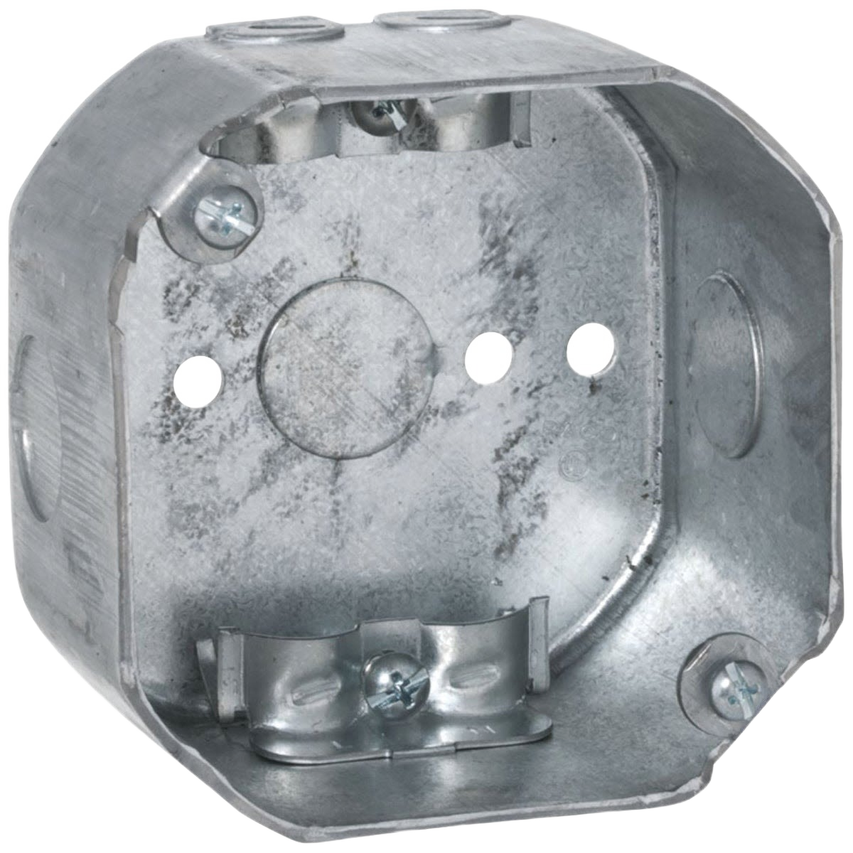 Galvanized metal octagon electrical box with screw mounts for installation in tools and home improvement projects