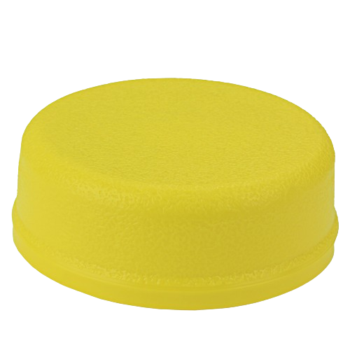 Yellow plastic front wheel bearing cap designed for agricultural equipment maintenance and home improvement use