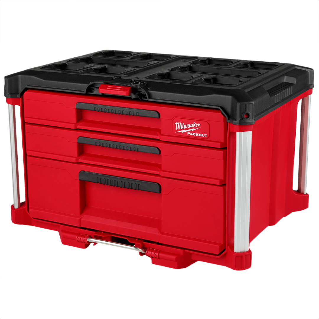 Red and black Milwaukee PACKOUT multi-depth tool box with three drawers and heavy-duty locking mechanism