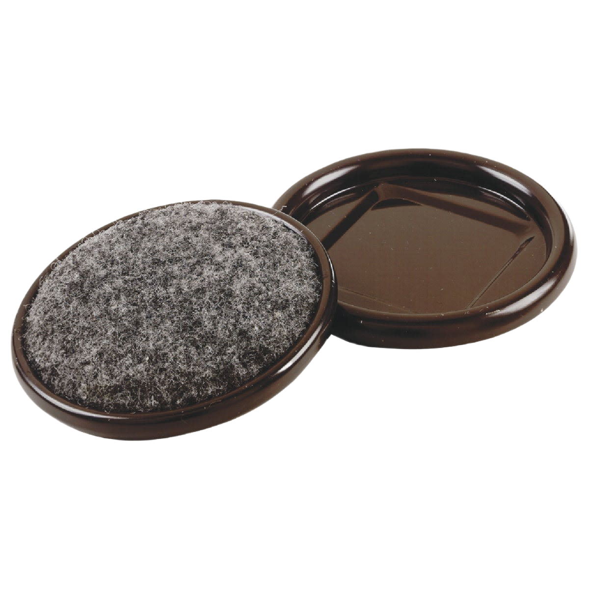 Round brown furniture leg cups with felt pads to protect floors and provide stable support for furniture legs in home improvement.