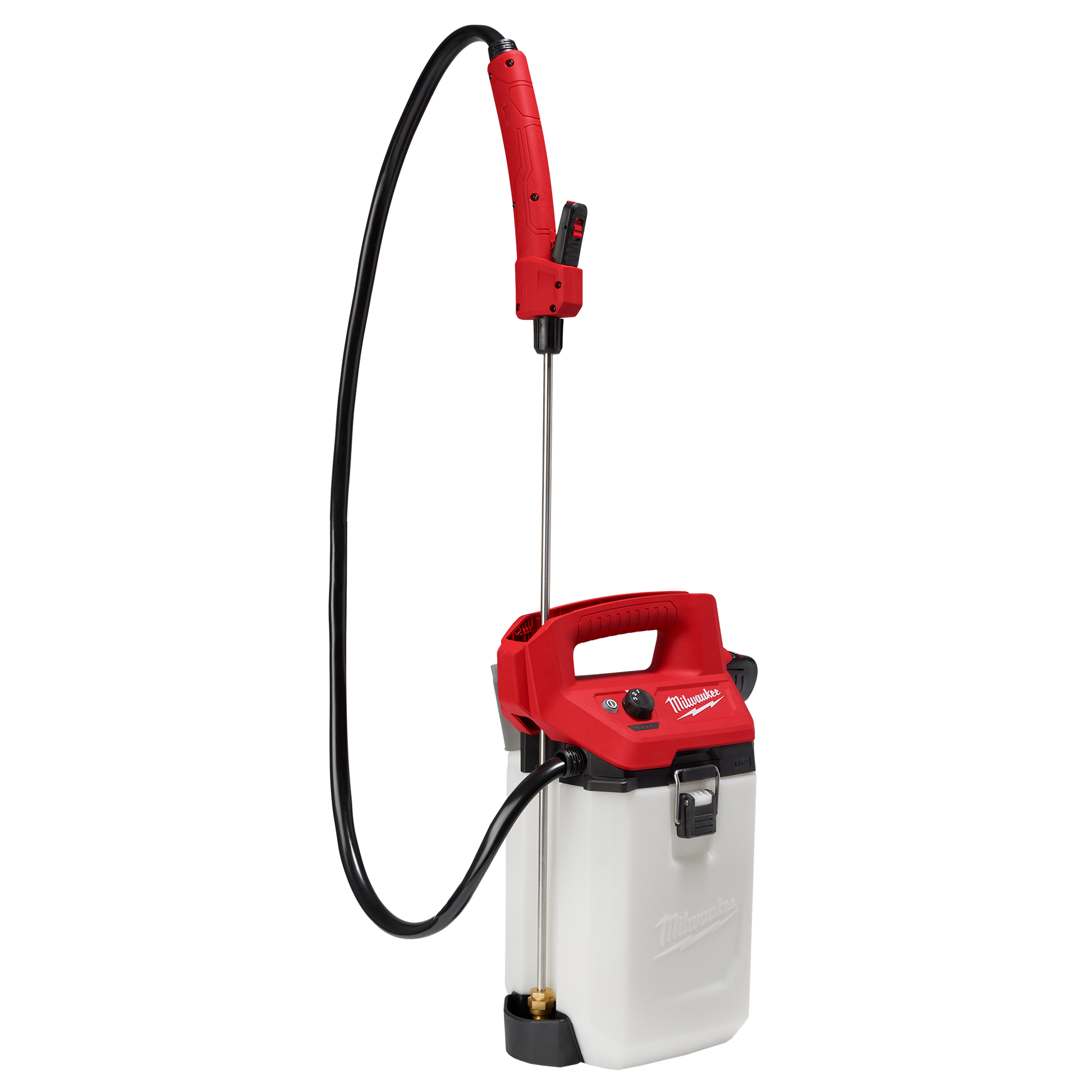Portable handheld sprayer with red handle, white tank, and black hose for tools and home improvement tasks