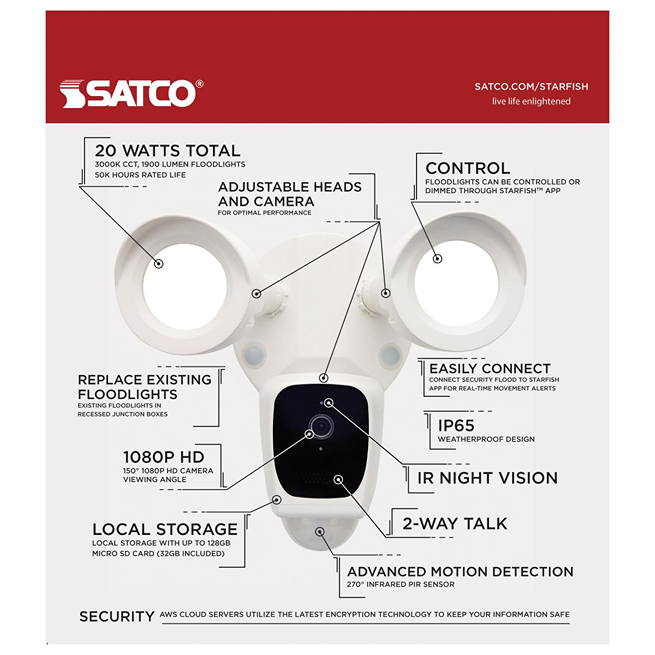 White bullet outdoor smart security camera with adjustable floodlights, 1080p HD, IR night vision, and two-way talk function