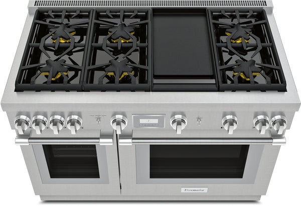 48-inch stainless steel dual fuel range with six burners, central griddle, and digital control panel from Thermador collection