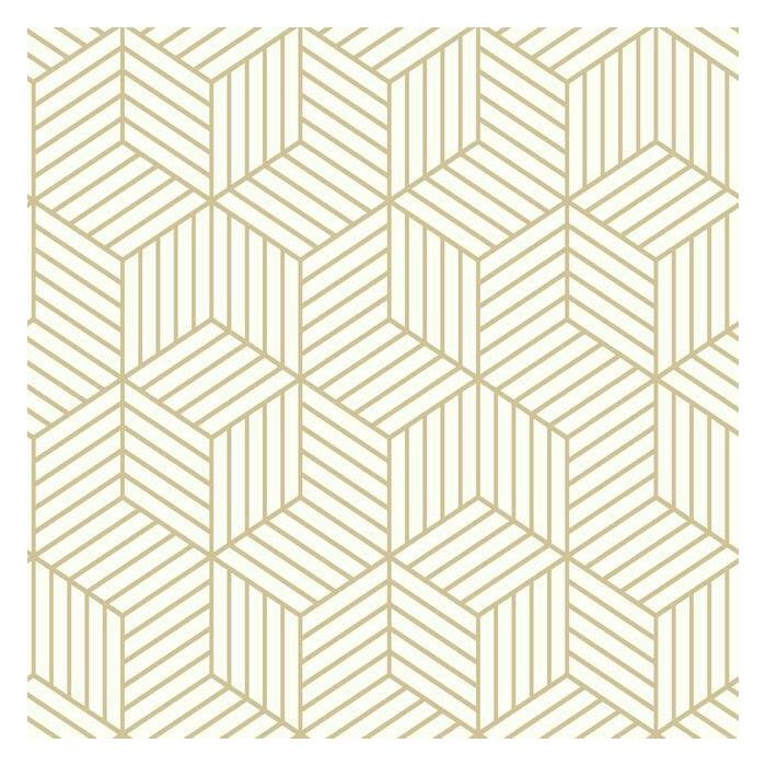 White wallpaper with gold striped hexagon pattern for easy peel and stick home improvement décor projects