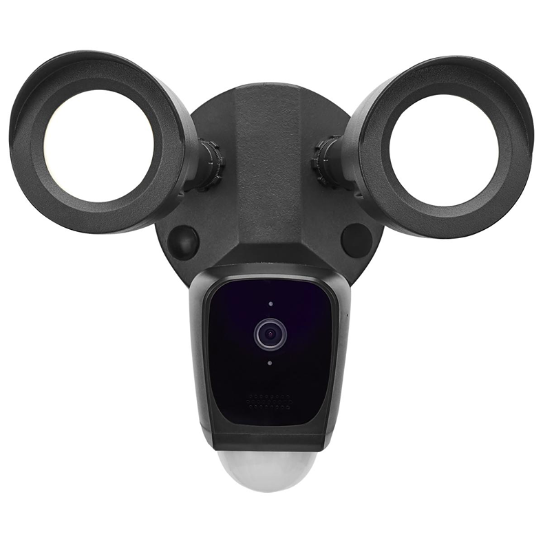 Black bullet-style outdoor smart security camera with dual circular motion-activated floodlights for home surveillance and safety lighting