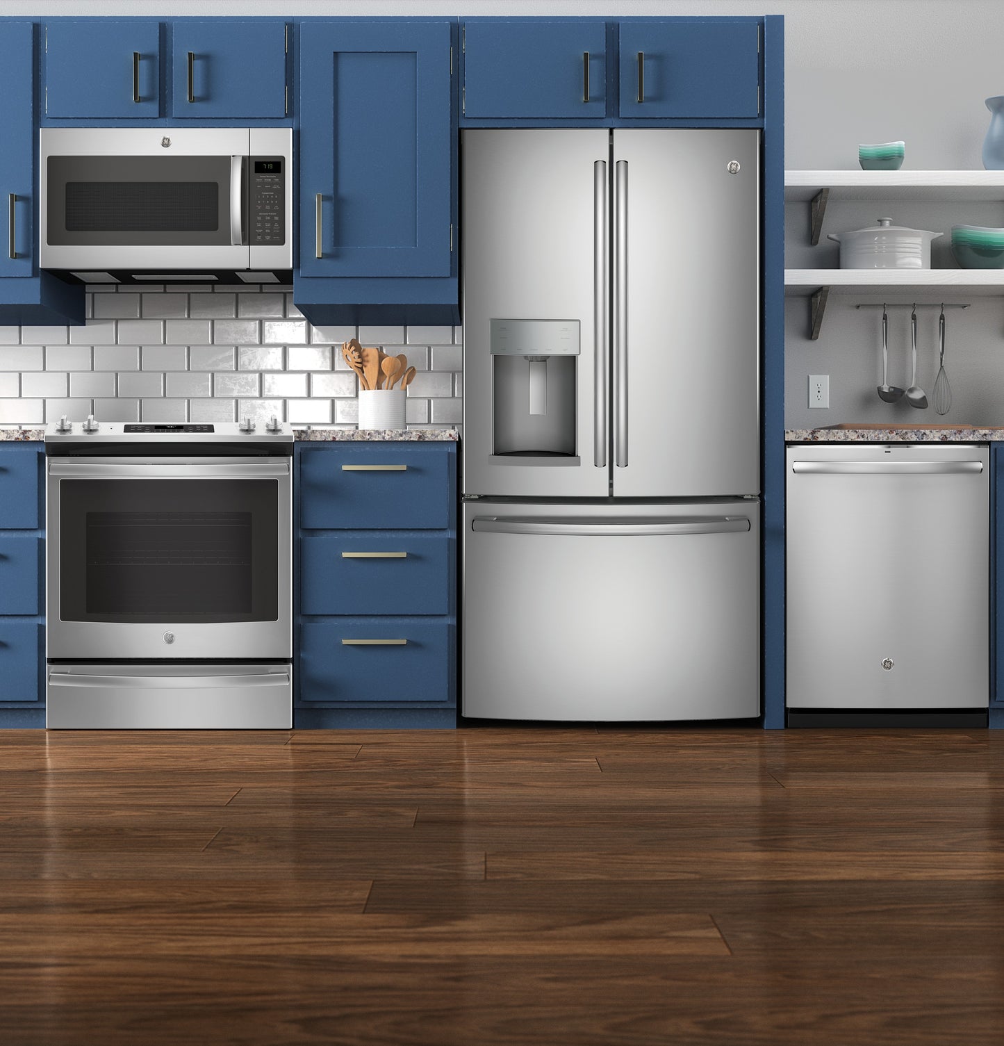 Modern kitchen showcasing stainless steel refrigerator, stove, over-the-range microwave, and dishwasher with blue cabinetry and wood flooring