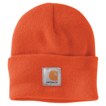 Bright orange thick acrylic rib knit cuffed beanie featuring a stitched square logo patch, part of Clothing & Shoes and Scarves & Hats collections.
