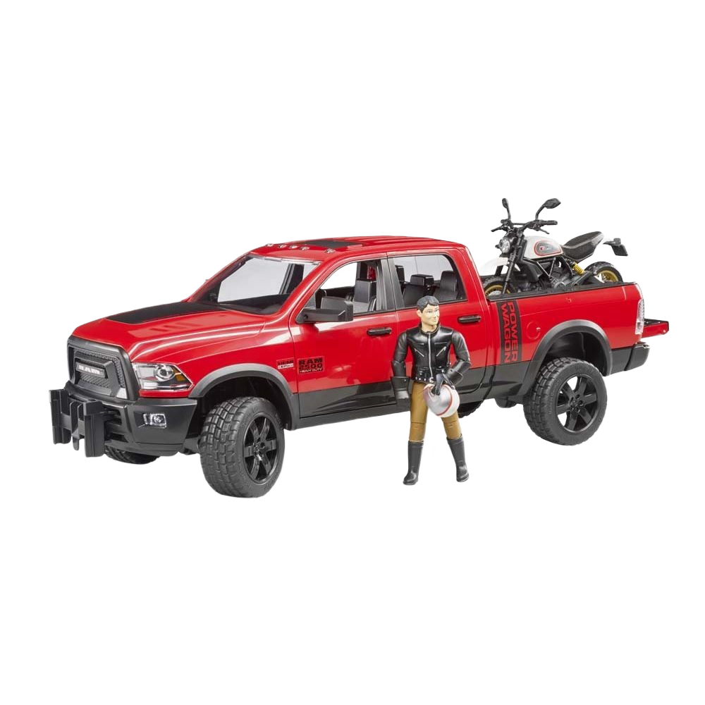 Red Bruder RAM 2500 Power Wagon toy with Ducati Desert Sled motorcycle and rider figure for imaginative play
