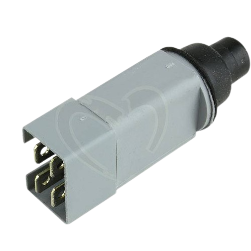 Gray sealed plunger switch with black rubber button and metal connectors for tools and home improvement projects