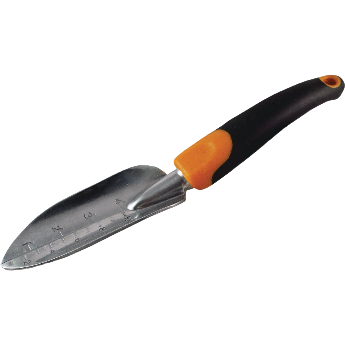Garden transplanter with ergonomic black and orange Softgrip handle and metal blade marked with depth measurements