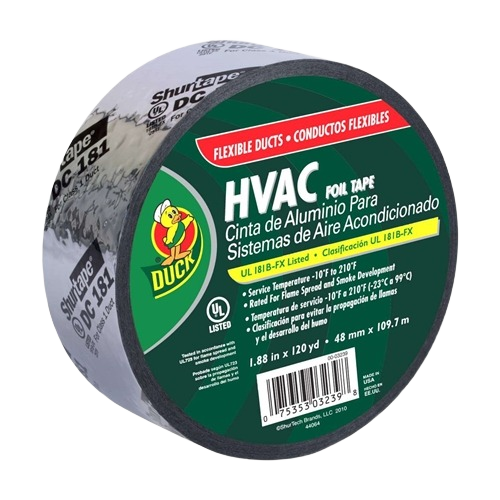 Roll of silver foil tape designed for sealing flexible ducts in home improvement HVAC applications