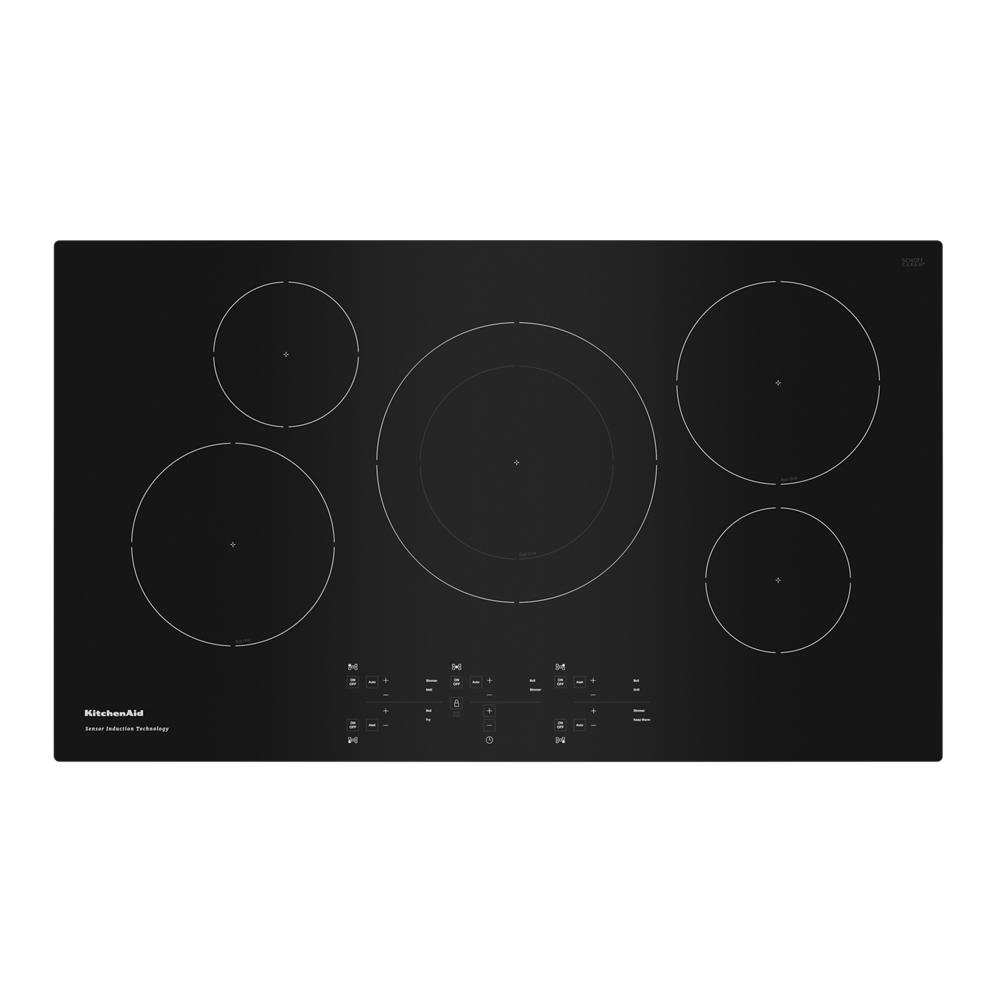 Black glass sensor induction cooktop with five heating elements and touch control panel from KitchenAid Appliances collection
