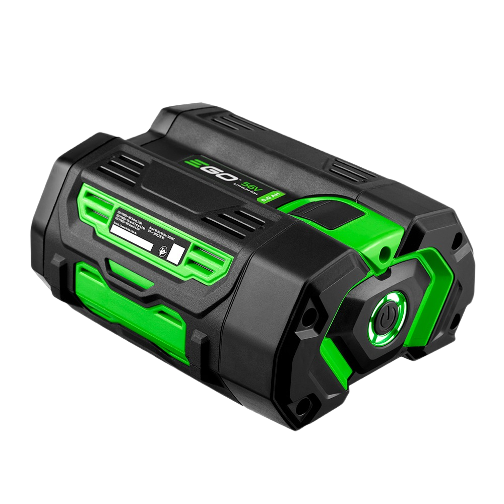 Compact black and green rechargeable battery pack with fuel gauge and power button for tools and home improvement use