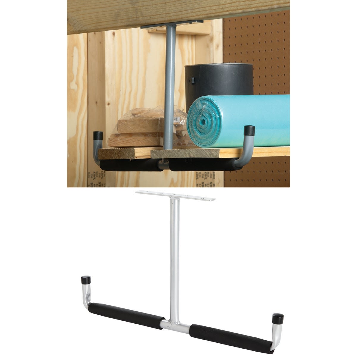 Ceiling-mounted metal storage hanger with padded arms for organizing tools and equipment in garage or workshop spaces