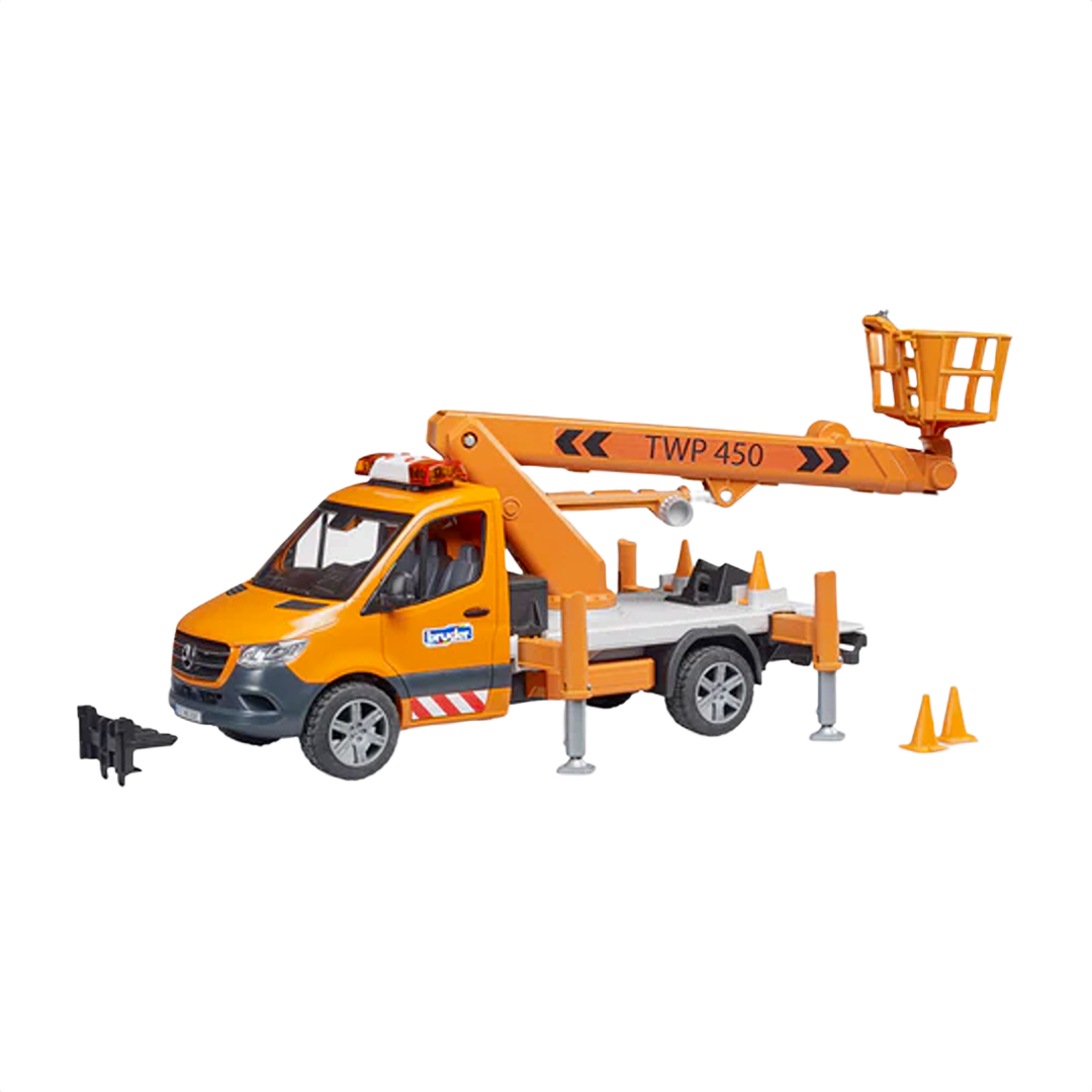 Orange toy utility truck with extendable work platform and safety cones for realistic home improvement play