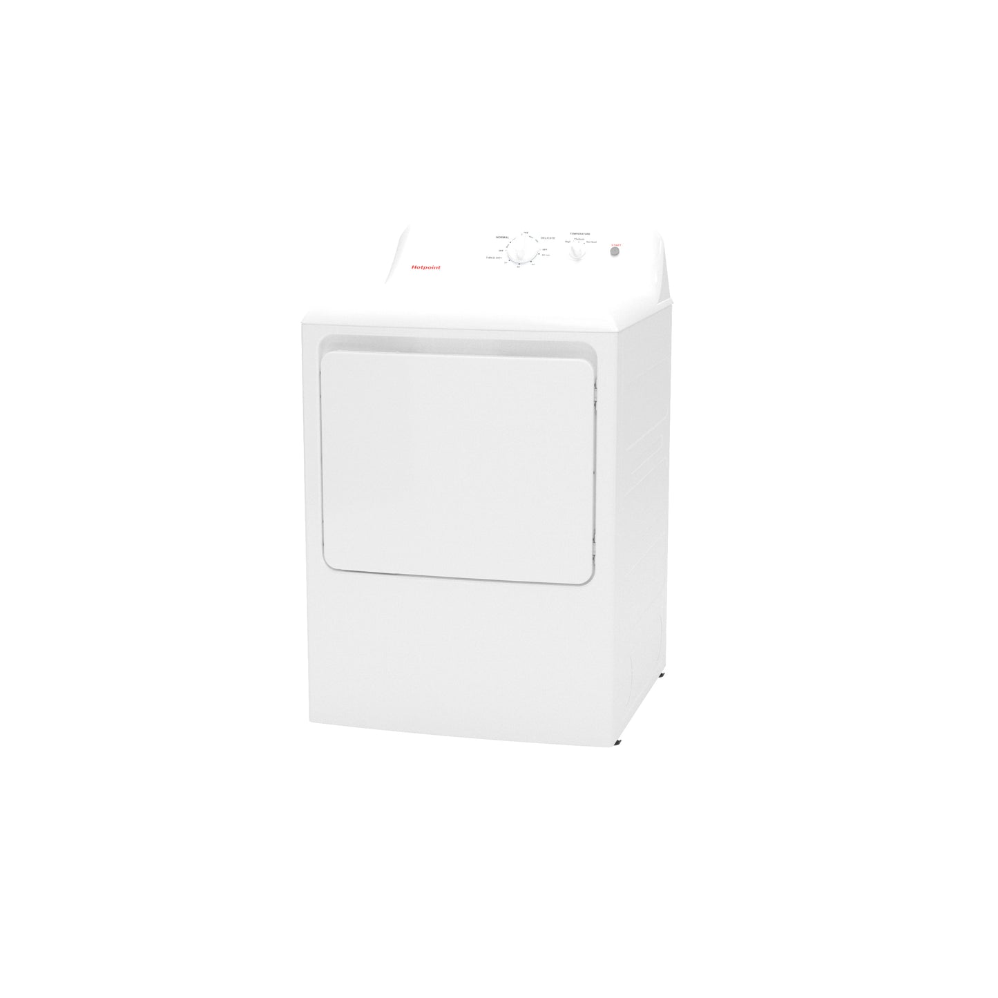 White electric dryer standing alone in minimal studio setting for home appliance and laundry room use
