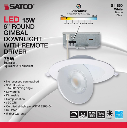 White 6-inch round LED gimbal downlight with remote driver, adjustable color temperature and damp location rating for home improvement