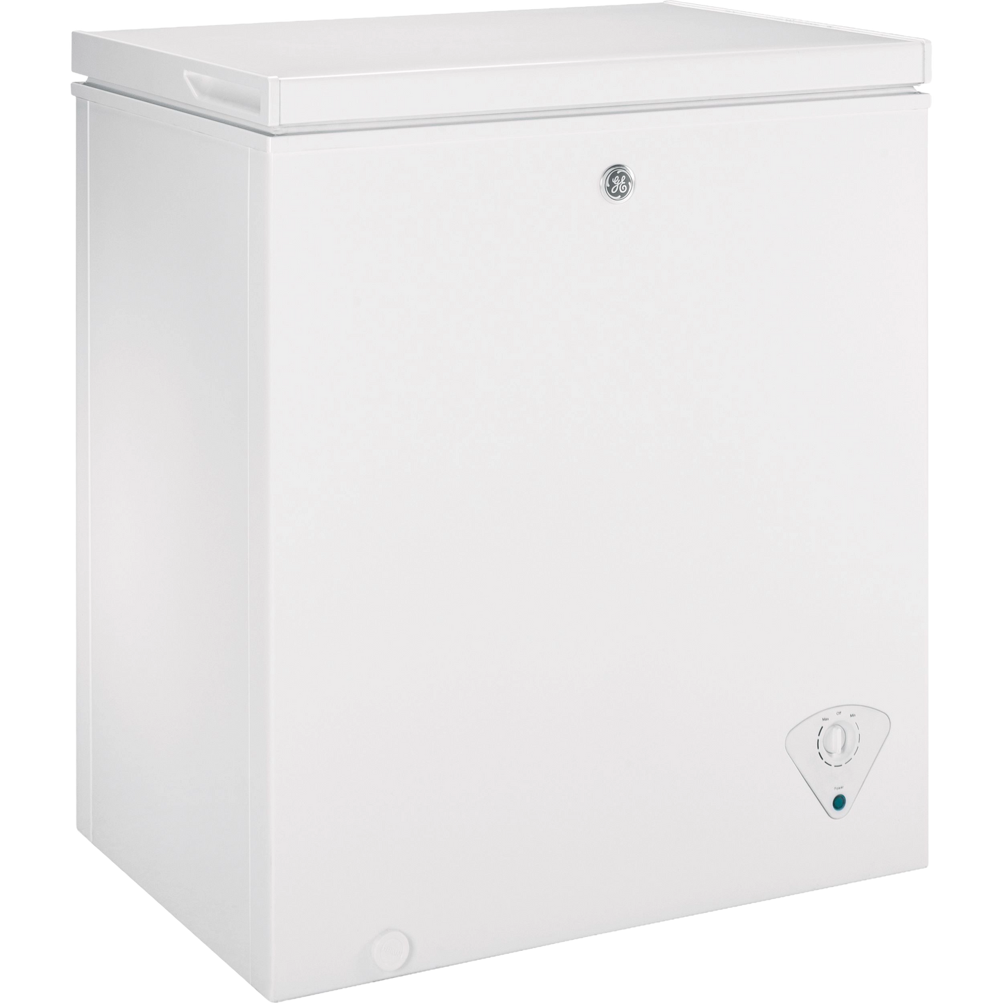 White manual defrost chest freezer with temperature control dial for home and kitchen appliances use