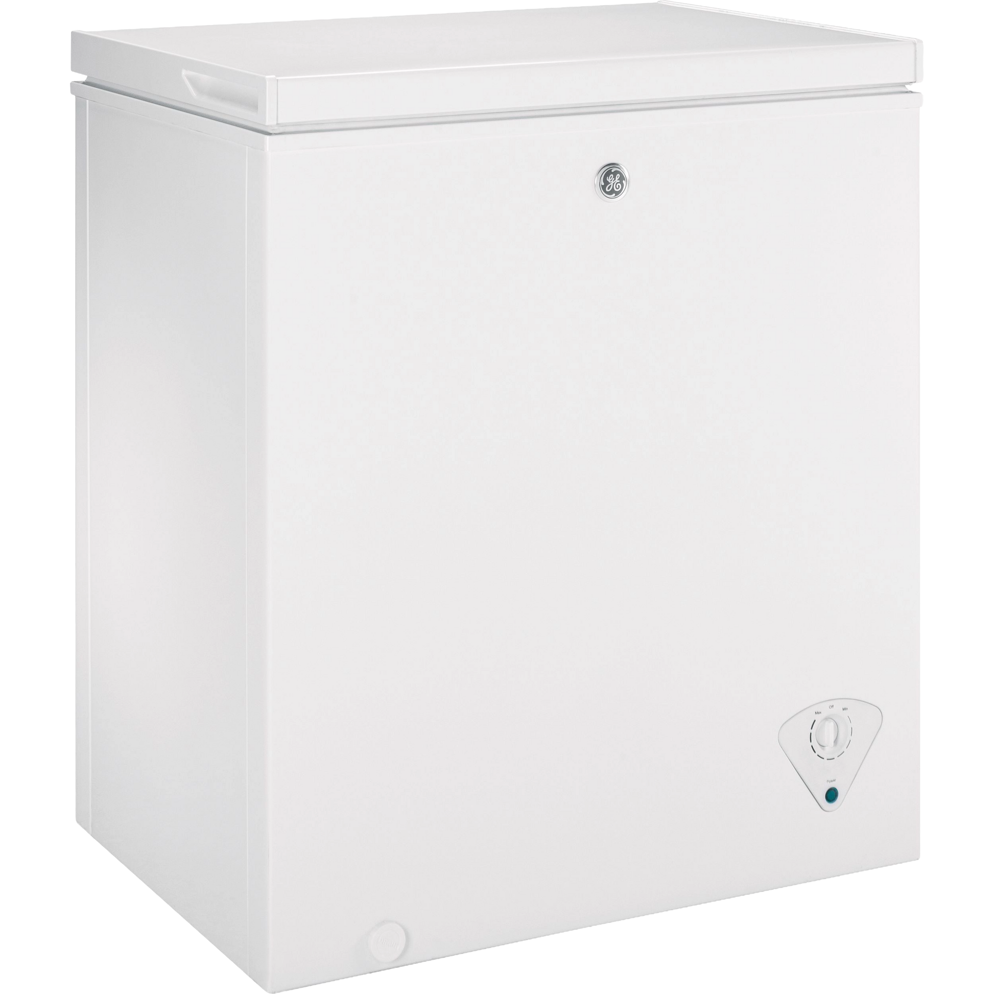 White manual defrost chest freezer with temperature control dial for home and kitchen appliances use