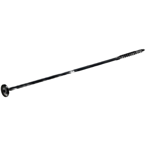 Long black structural screw with a star drive head for secure fastening in hardware and lumber materials collections