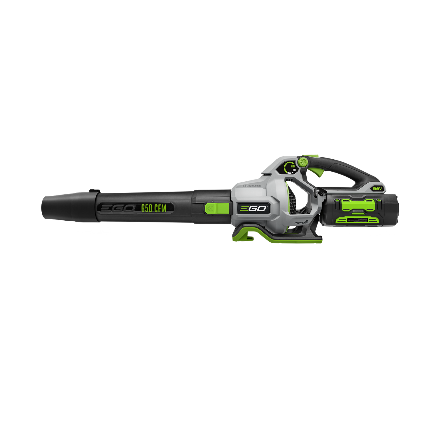Cordless blower with green and black accents, ergonomic handle, and integrated battery for efficient outdoor cleaning tasks