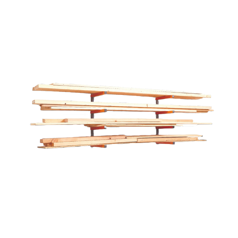 Wall-mounted heavy-duty lumber storage rack with four shelves holding various wood boards for home improvement tasks