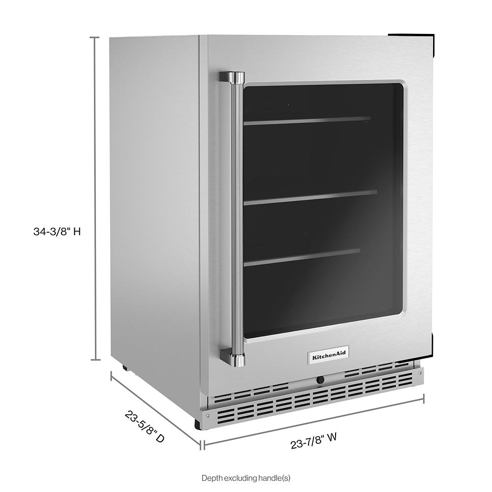 24-inch undercounter refrigerator with glass door, metallic accents, and adjustable shelves in KitchenAid appliance collection