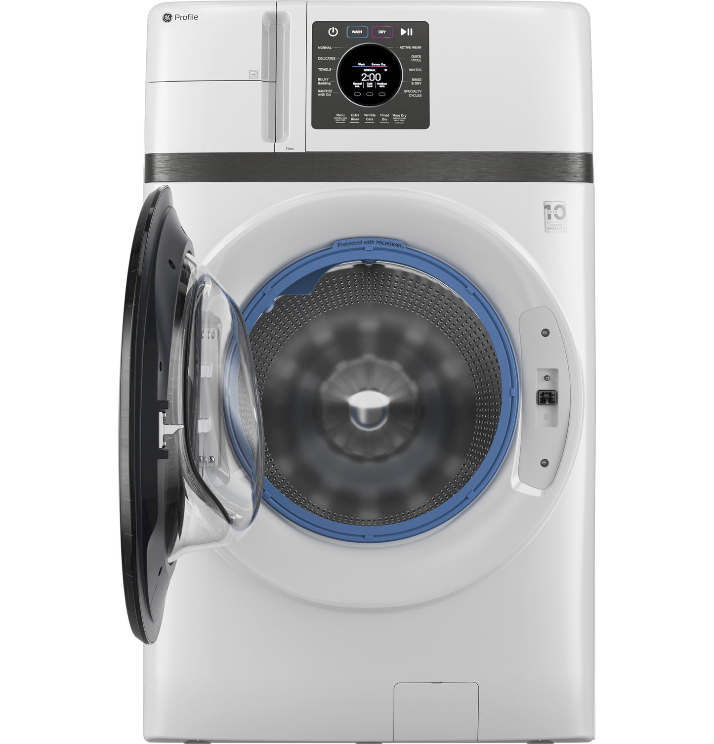 Front view of white GE Profile ultra-fast combo washer/dryer with open door and digital control panel from washers/dryers collection