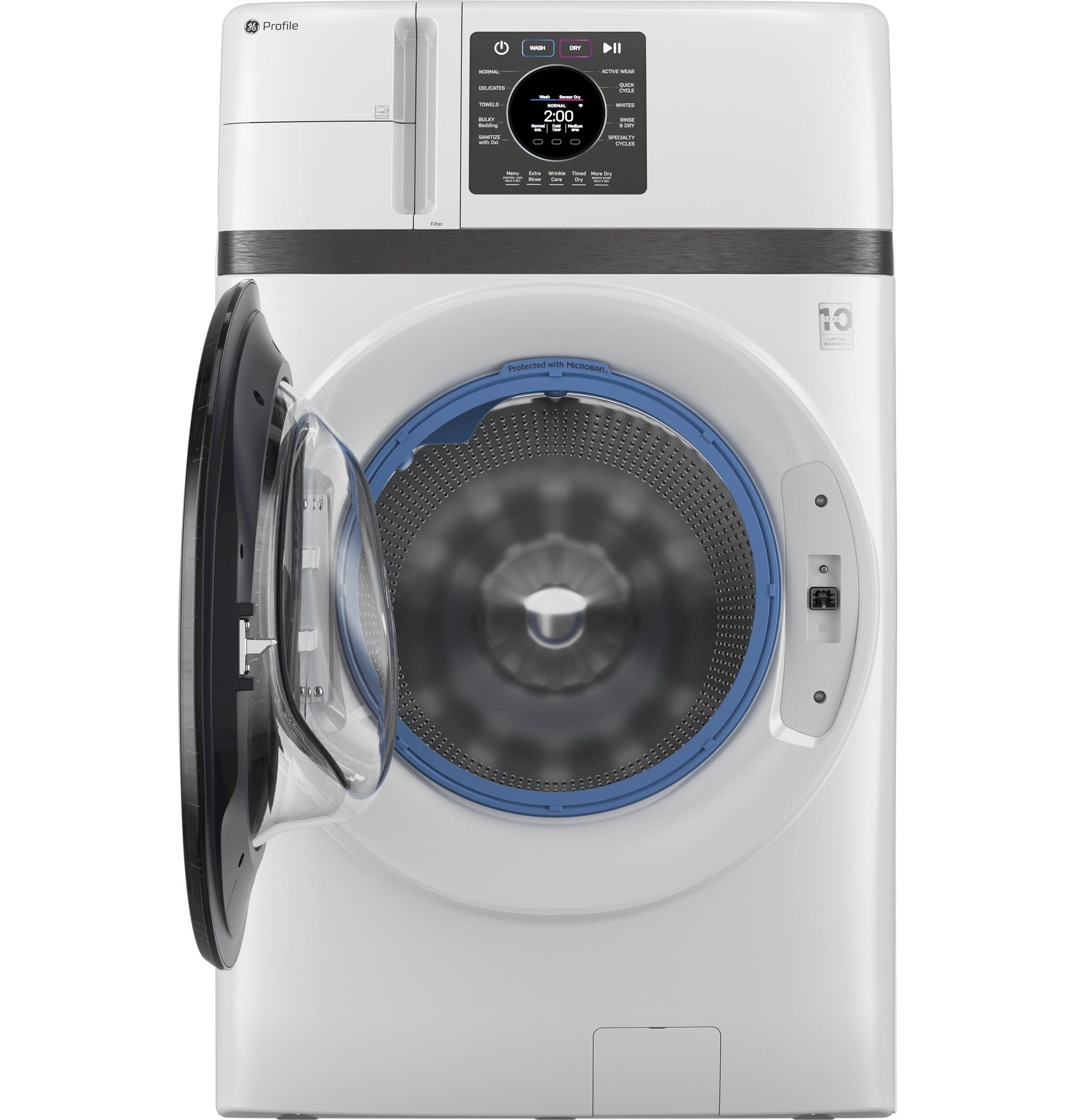 Front view of white GE Profile ultra-fast combo washer/dryer with open door and digital control panel from washers/dryers collection