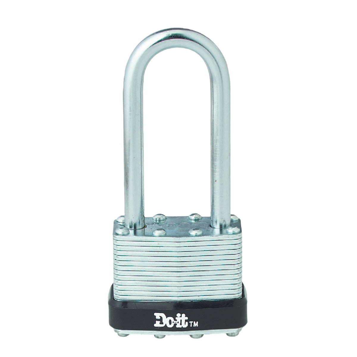 Laminated steel padlock with long shackle and black base for home improvement and tools security use