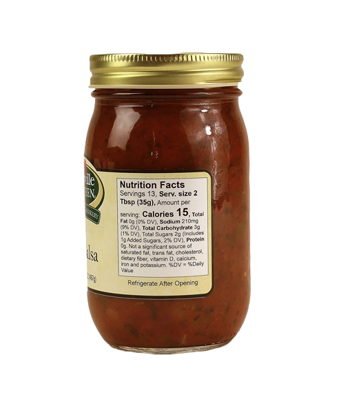 Glass jar of spicy salsa with gold lid showing nutrition facts label in salsas and Food & Beverage collections