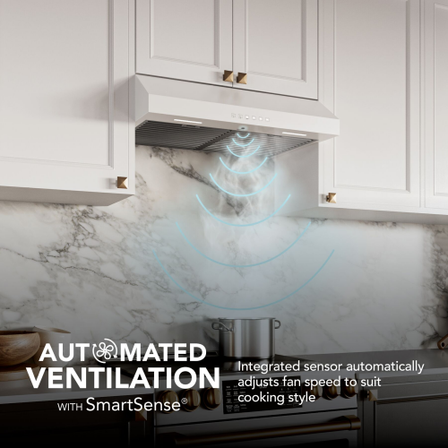 White under cabinet range hood with SmartSense sensor and automated fan speed for efficient kitchen ventilation and cooking control