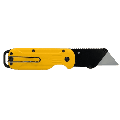 Compact yellow and black folding utility knife with ergonomic grip for woodworking and hand tool collections under $50