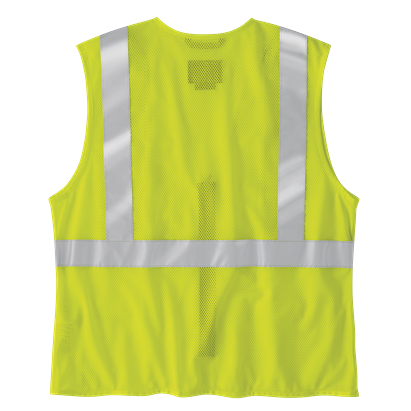 Men's high-visibility yellow mesh vest with reflective stripes, featuring breathable fabric and multiple pockets, suitable for workwear Outerwear collections.