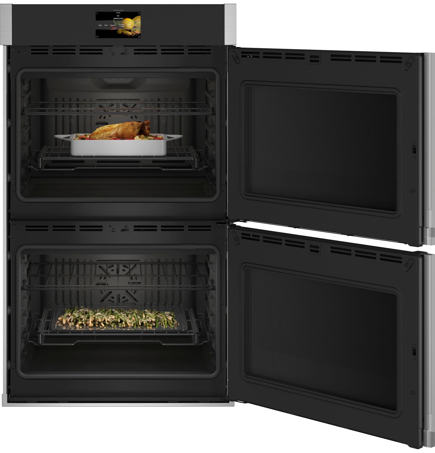Black built-in double wall oven with convection, right-side swing doors, and roasted dishes inside in Appliances and Kitchen collections