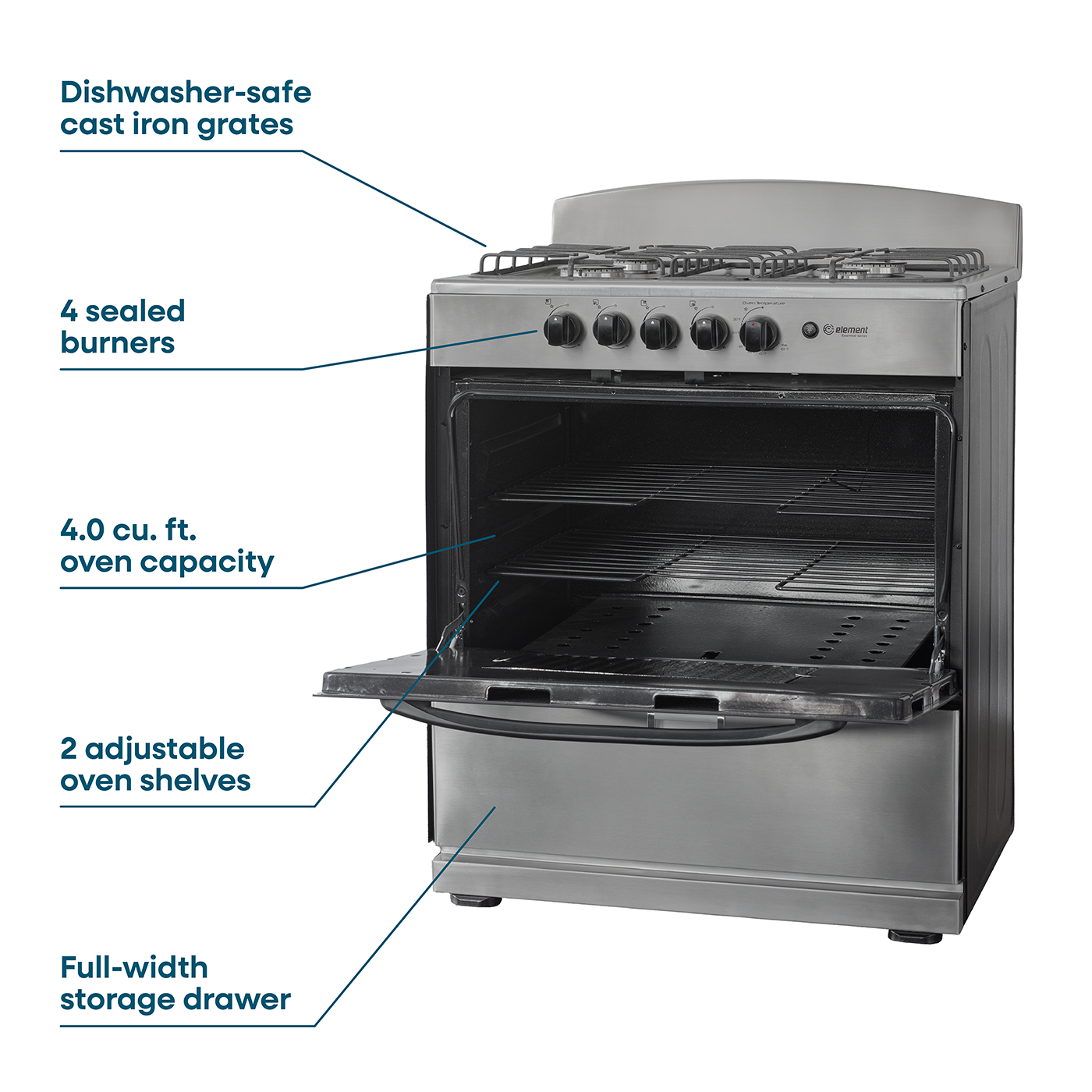 Element Electronics 4.0 cu. ft. 30", 4-Burner Gas Range (EEGR3A4MCCS)